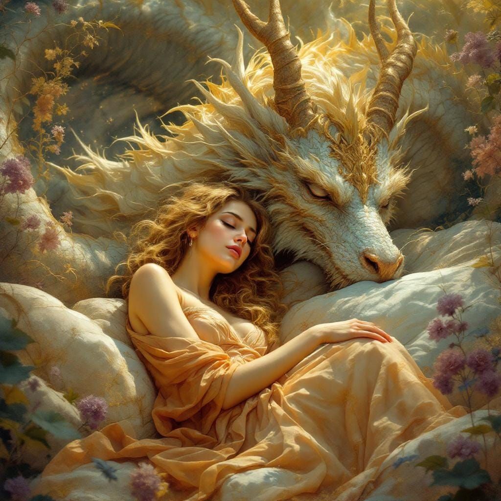 Fantasy Dragon King and Sleeping Woman: Alphonse Mucha Style
