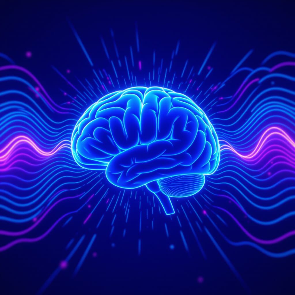 Glowing Blue Brain with Neon Synthwave Patterns