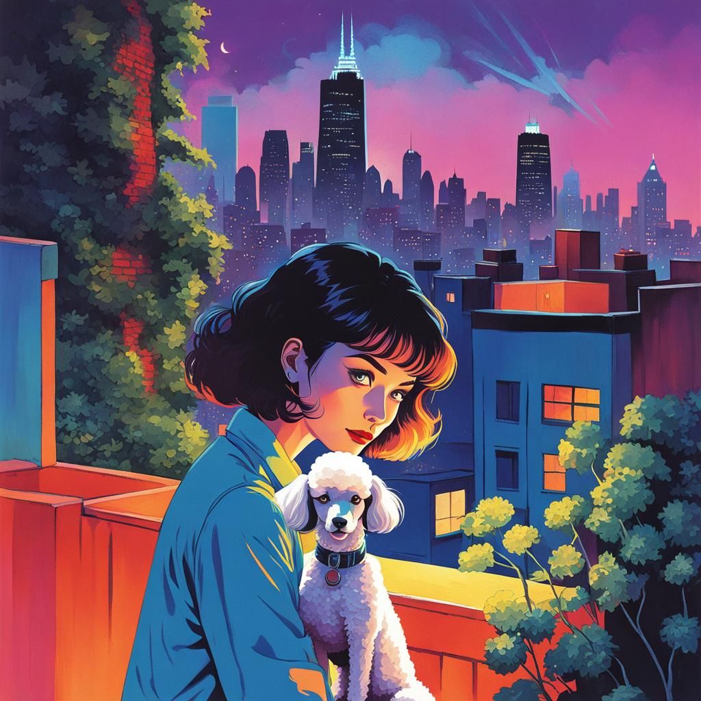Girl and Poodle Ghost on City Rooftop in City Pop Style