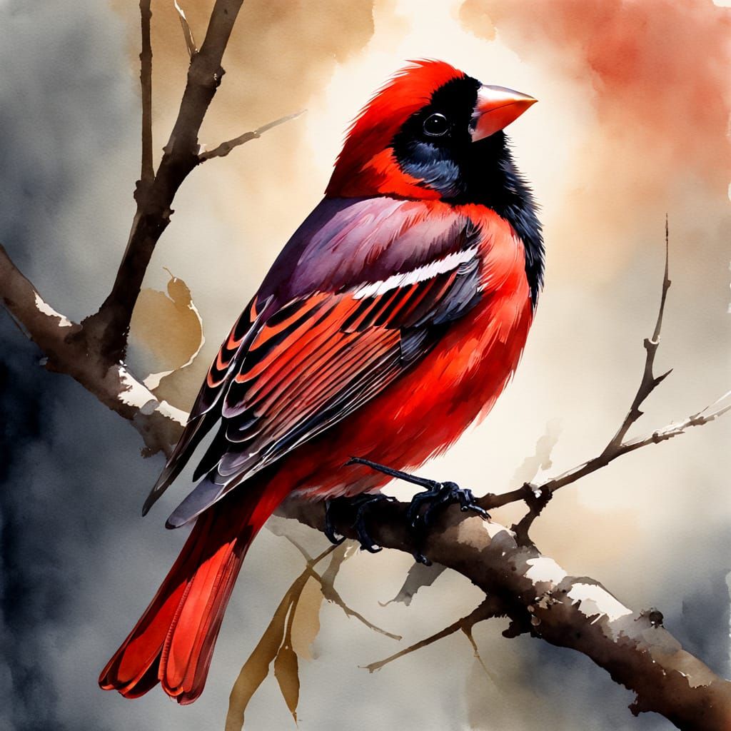 Red Bishop Bird in Watercolor Chiaroscuro