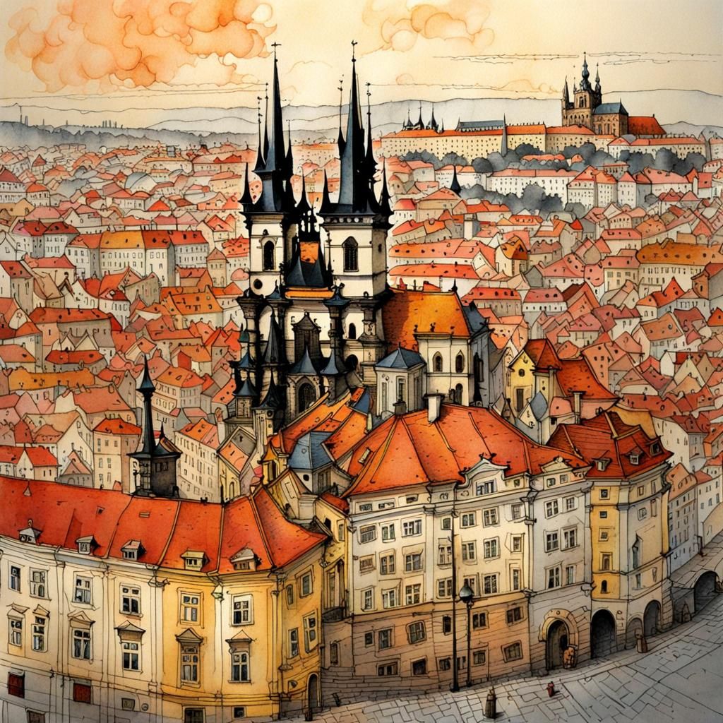Prague Sunset: Intricate Cityscape in Digital Art Style