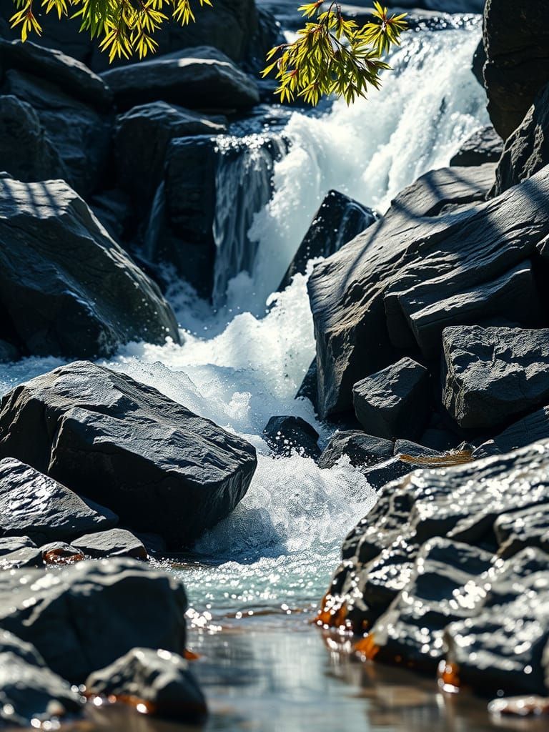 Mountain Stream in Vibrant, High-Contrast Style
