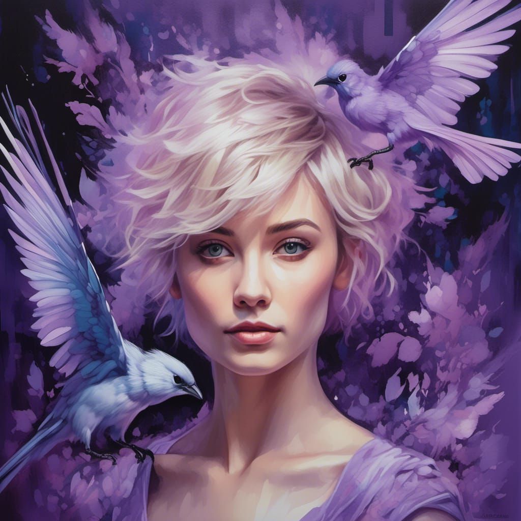 Blonde Woman in Lavender Dress with Purple Jays