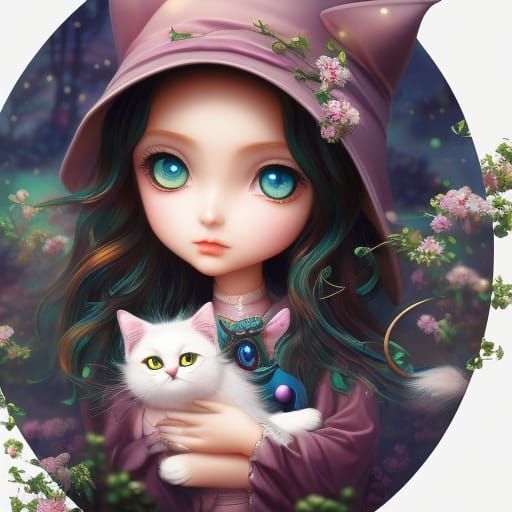 Adorable Kawaii Witch Girl and Kitty