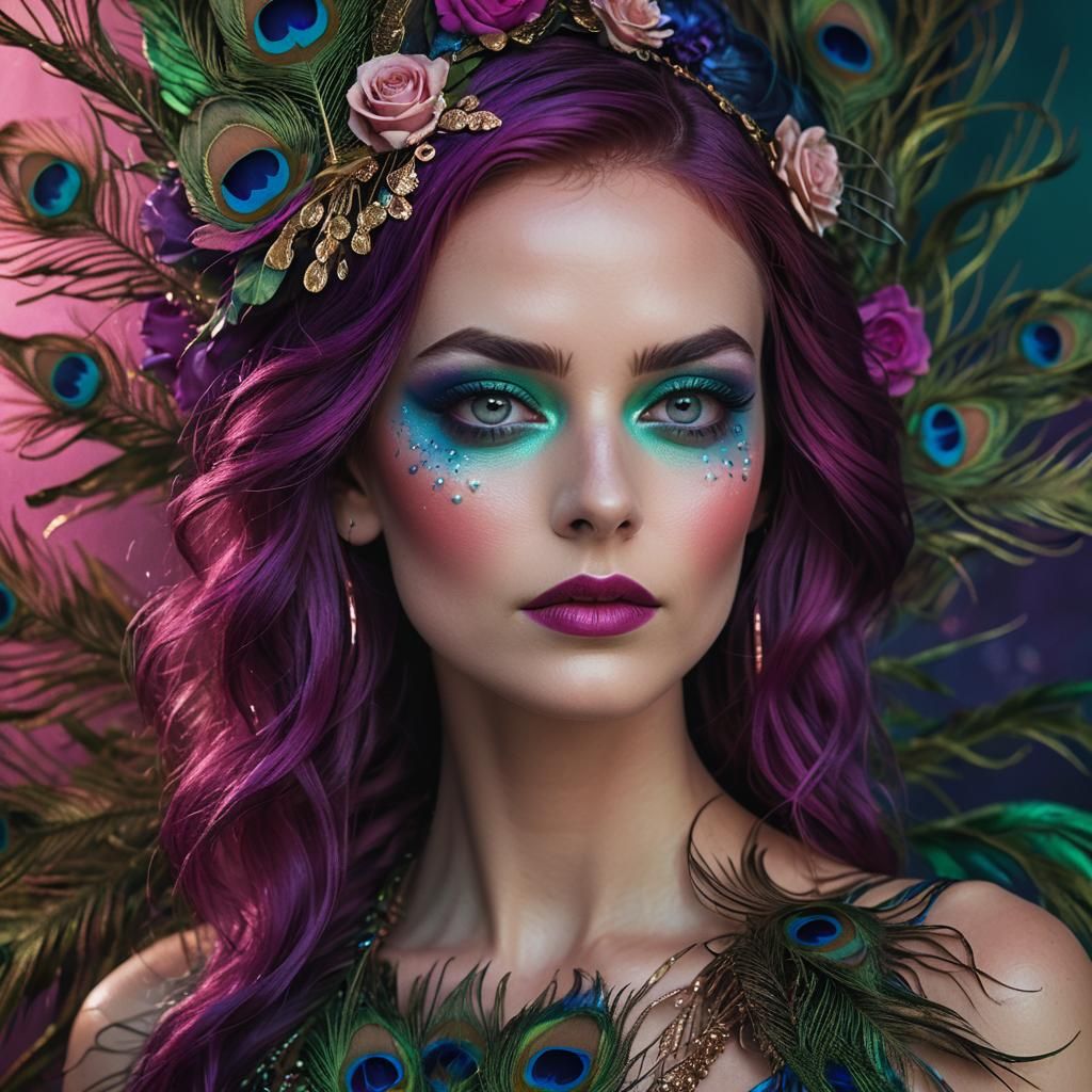 Rainbow Woman with Peacock Feathers in Cinematic Style