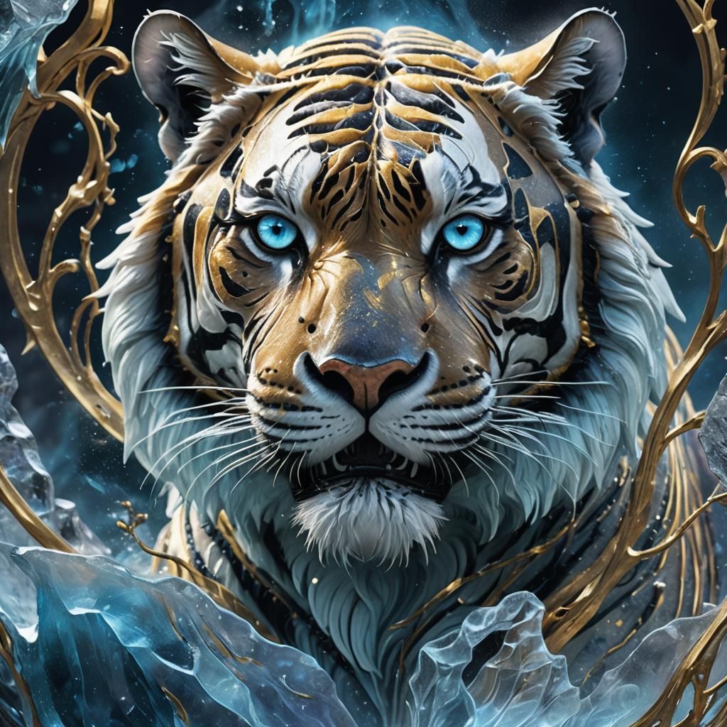 Icy Tiger Sculpture with Gold Inlay and Laser Outline