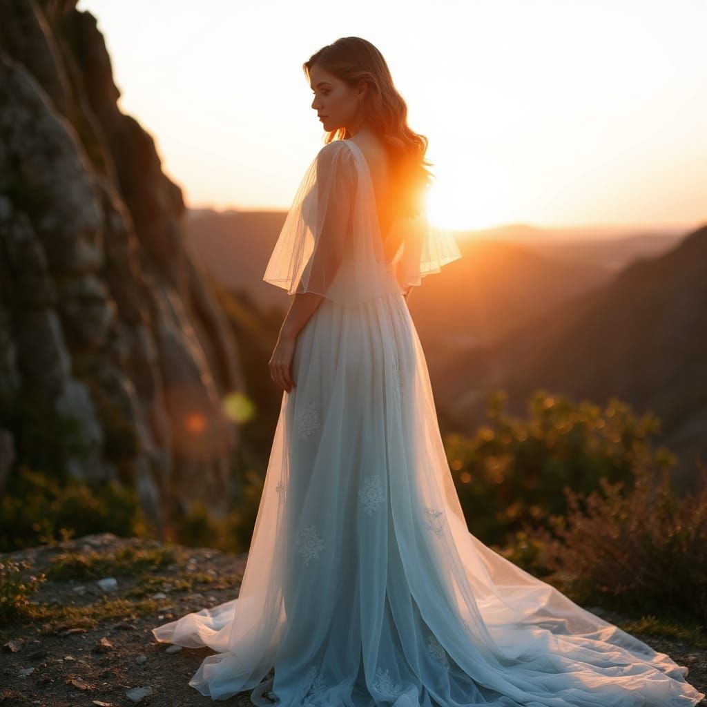 Ethereal Woman in Azure Gown at Dawn