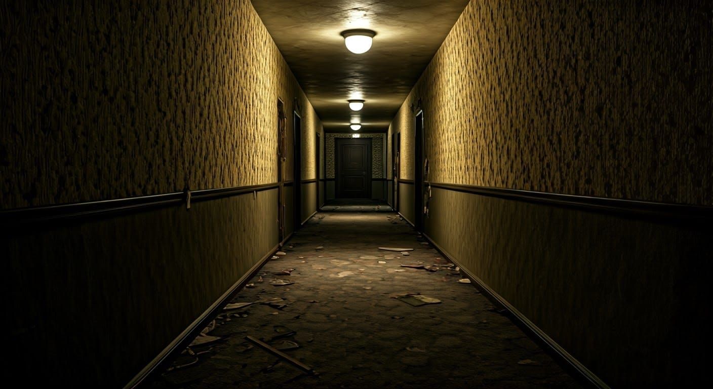 Uncanny Lit Hotel Corridor with Open Door