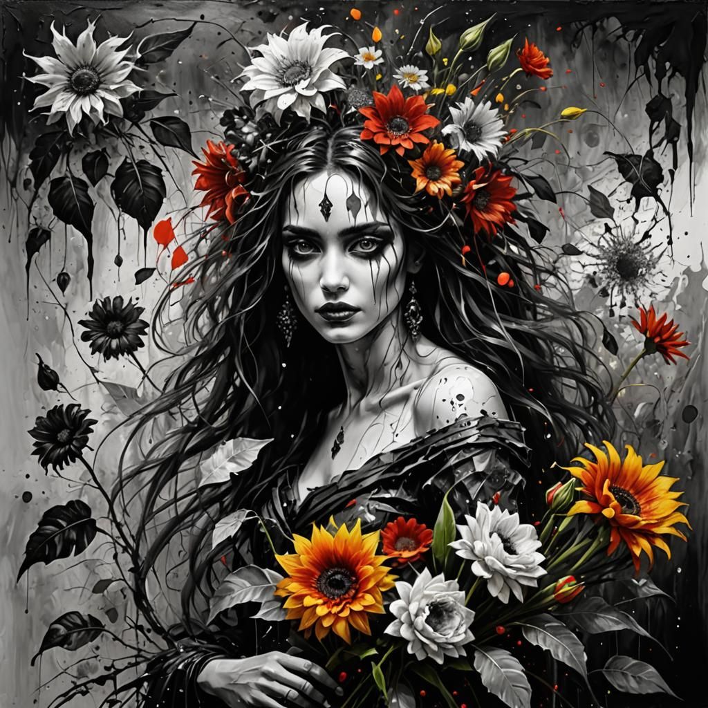 Expressionist Portrait with Exotic Flowers in Impasto Style