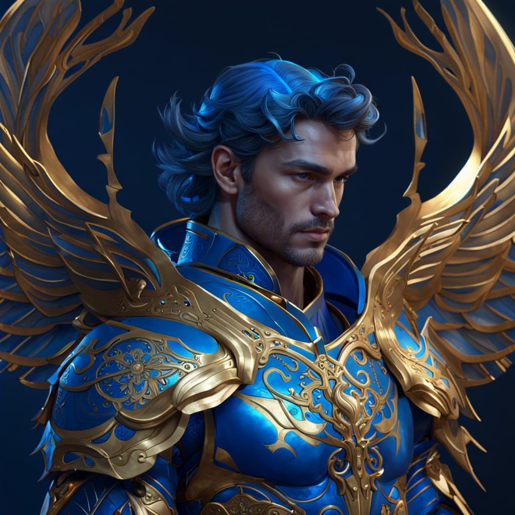 Golden Angel in Blue Armor, Detailed Digital Art