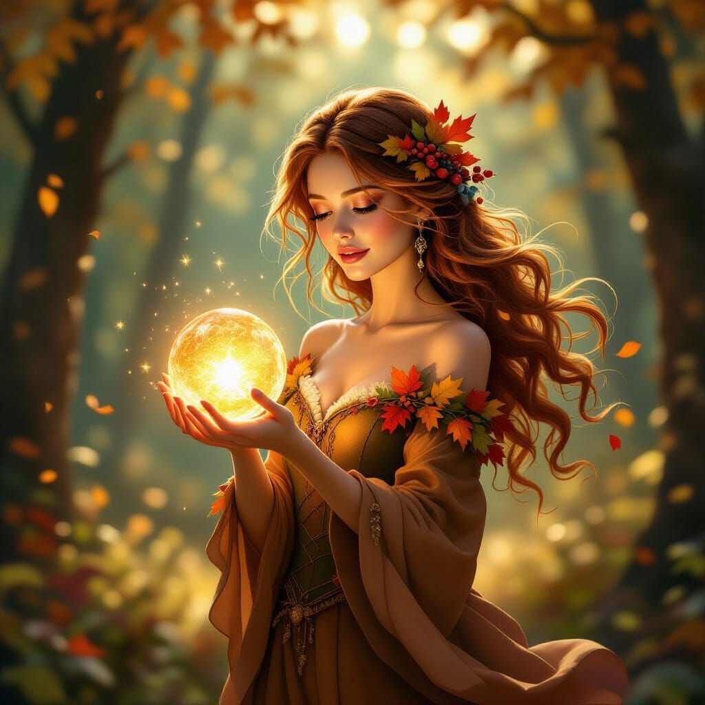 Whimsical Autumn Woman Holding Glowing Orb