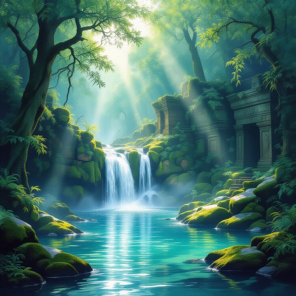 Ethereal Waterfall in Ancient Forest Watercolor Painting