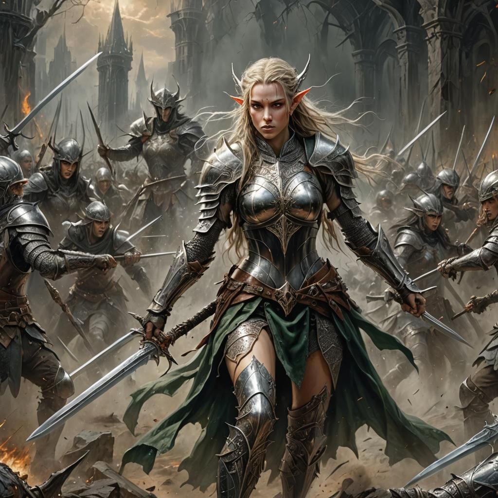 Elven Knight in Explosive Battle: Oil Painting