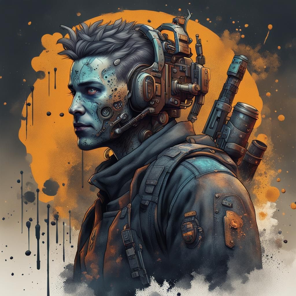 Augmented Character in Dystopian World, Ink Painting