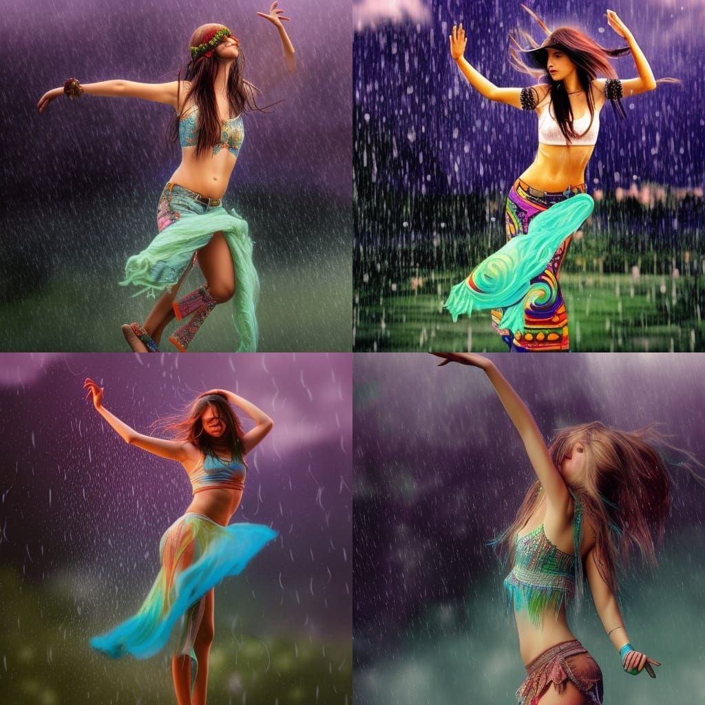 Hippie Girl Dances Away Sadness in Rain: Hyperdetailed Art