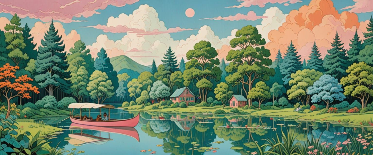 Mystical Forest Glade in Naive Folk Art Style