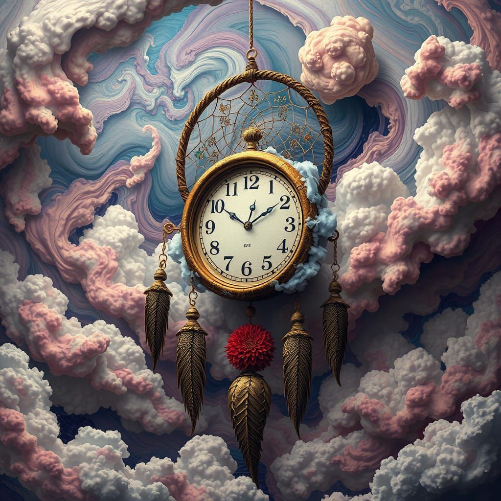 Surreal Dreamcatcher with Melting Clock in Dreamscape
