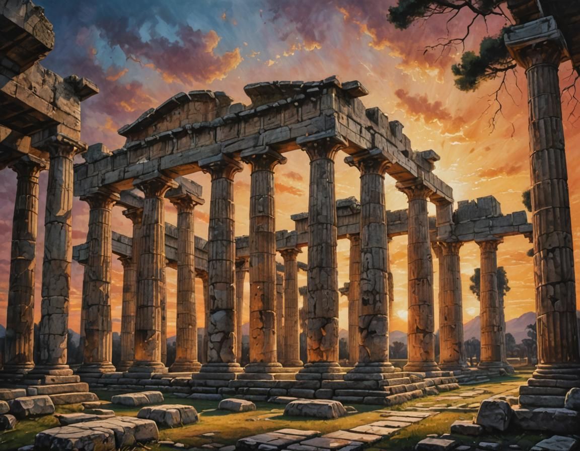 Greek Temple Ruins Acrylic Painting at Sundown
