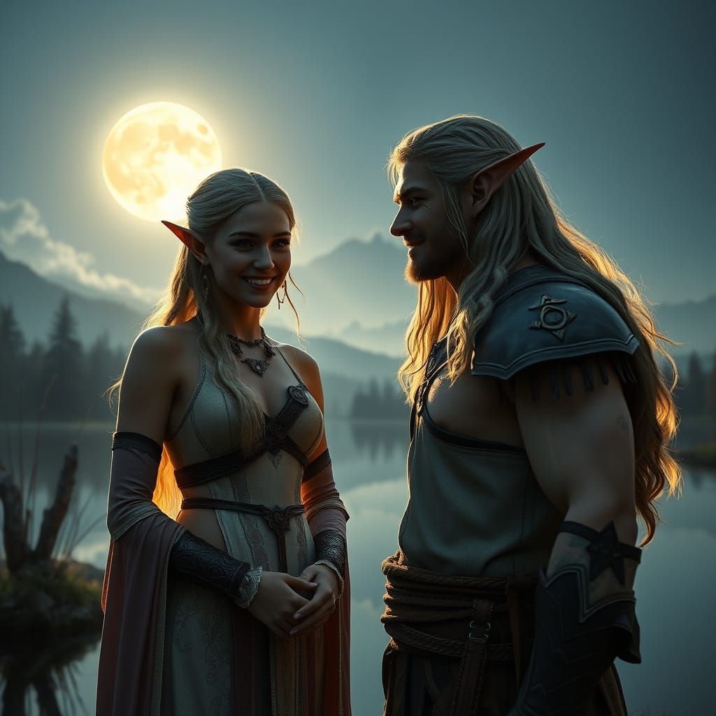 Elven Couple by Moonlit Lake in Hyperrealistic Style