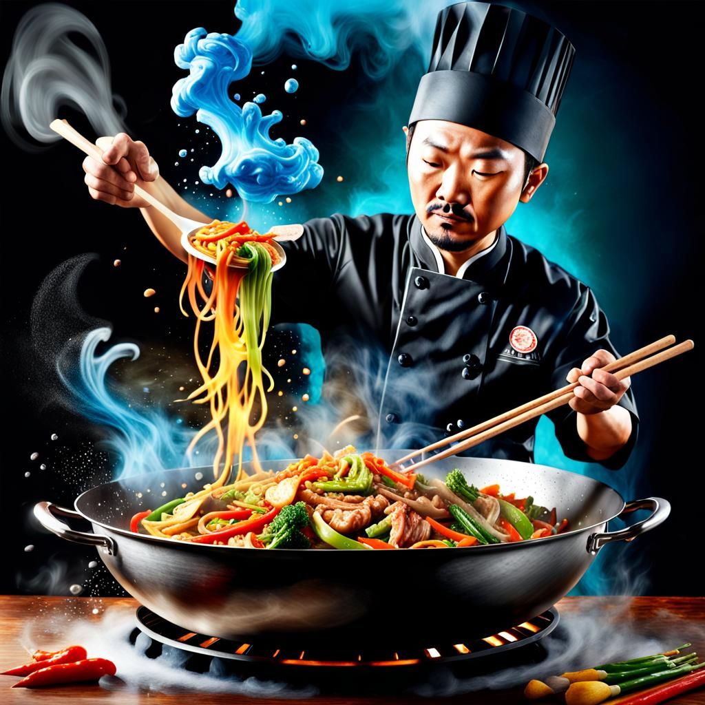 An Asian chef cooking stir fry on a wok.