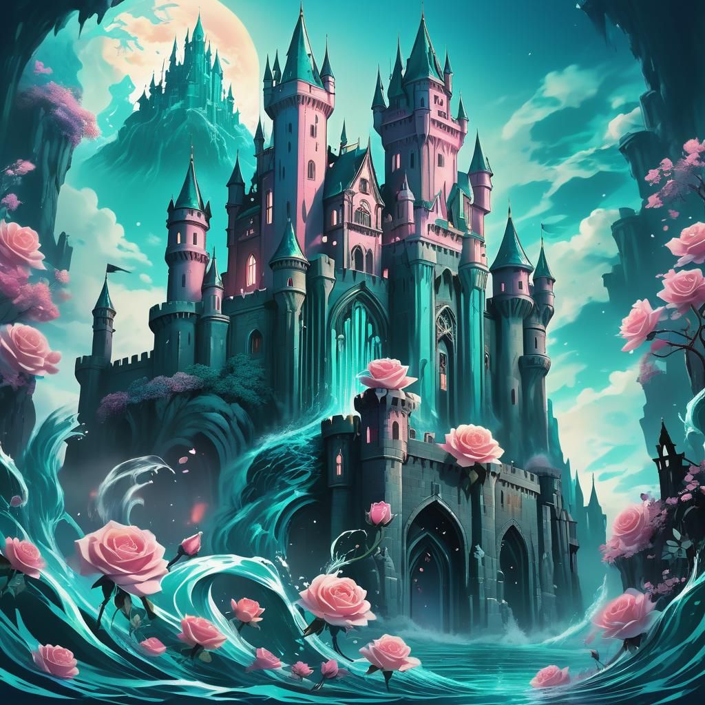 Teal Rose Castle and Monster in Anime Style