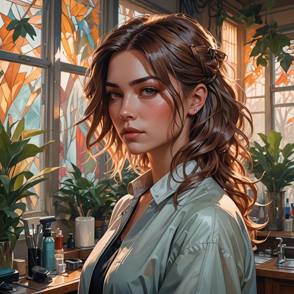 Beautiful Girl in Hairdresser's: Concept Art Portrait