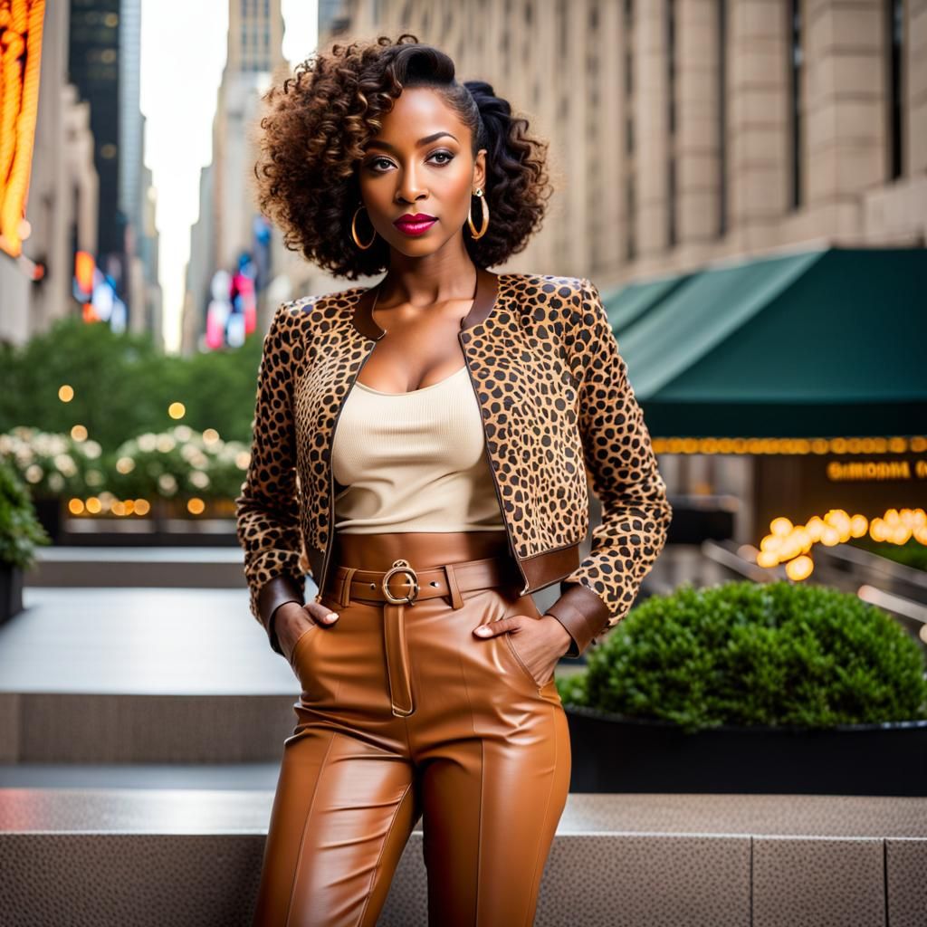 Powerful Woman in Cheetah Jacket, Rockefeller Center Backdro...