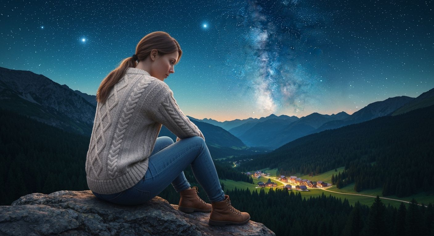 Woman Gazing at Alpine Village Under Starry Sky