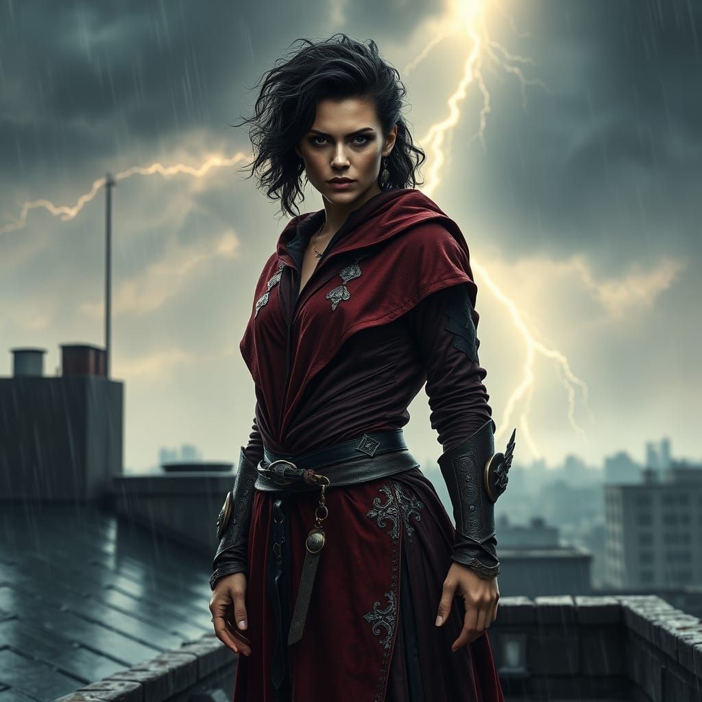 Fierce Woman on Rooftop in Urban Fantasy Style