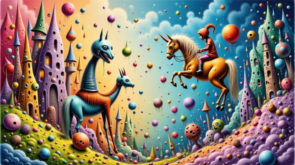 Surreal Watercolor of Kidcore Knight and Liminal Clown