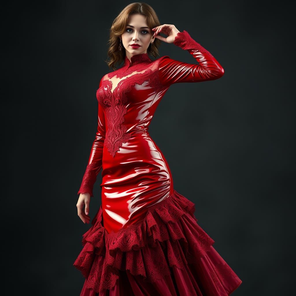 Beautiful Woman in Red Latex Victorian Dress