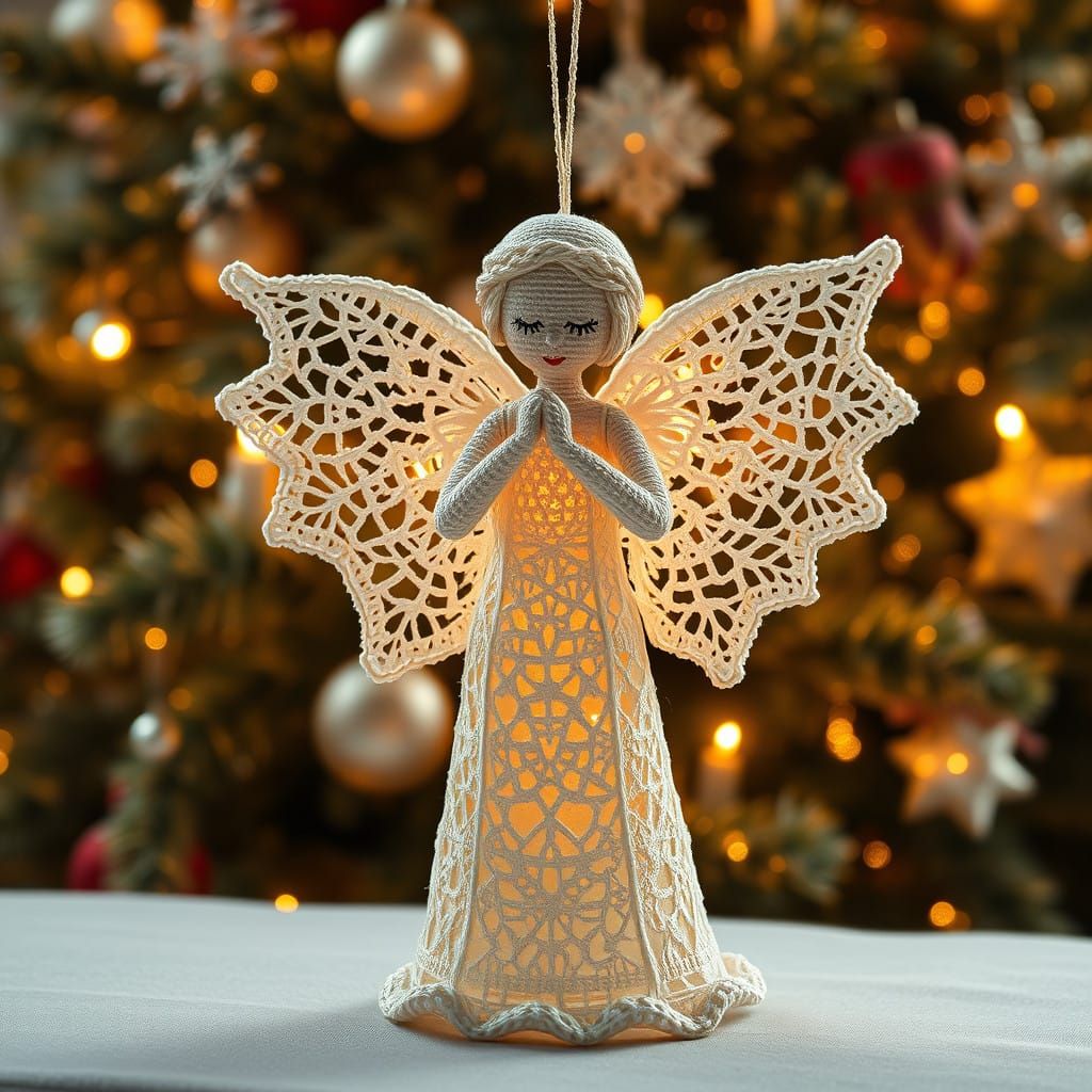 //imagine prompt: A stunning  crocheted Christmas angel  with realistic figure and face, intricately designed with delic...