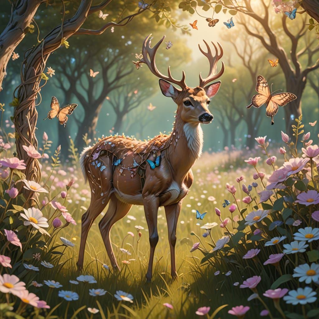 Floral Deer Grazing in Sunlit Meadow