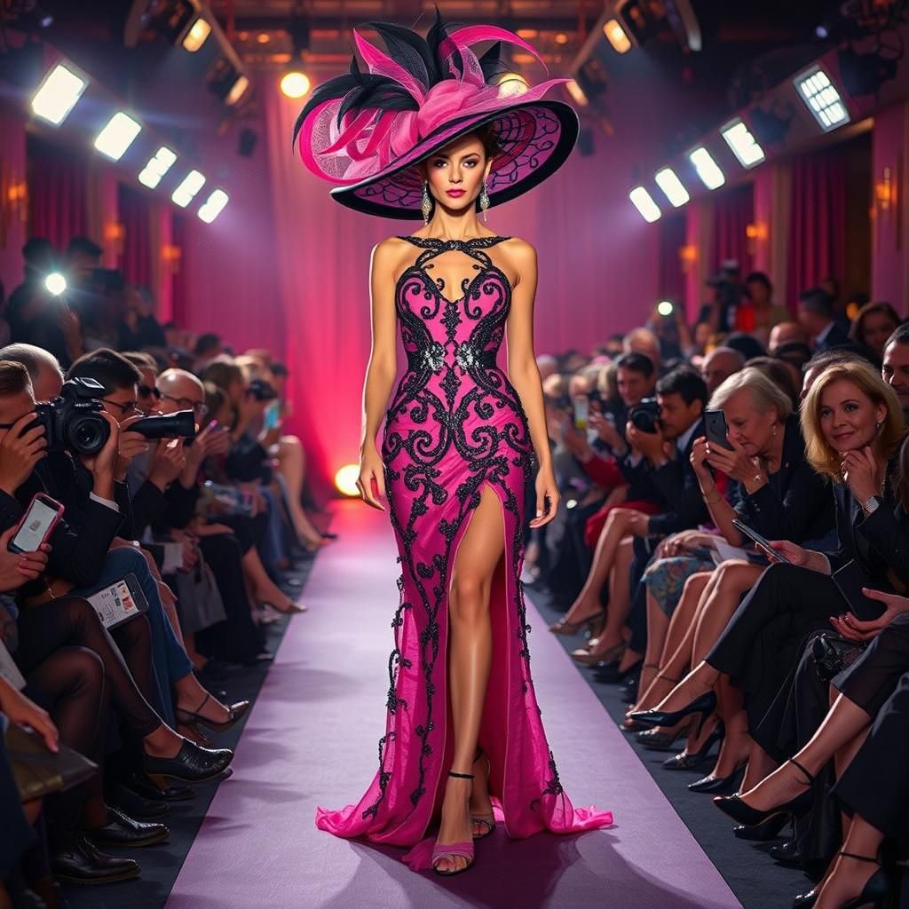 A beautiful , gorgeous,  stunning brunette runway model walk...