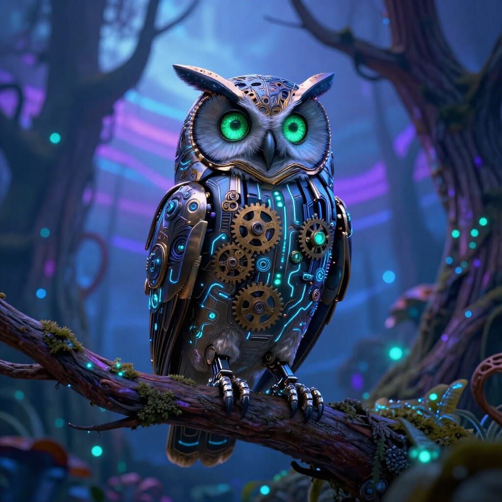Mechanical Owl on Bioluminescent Tree in Alien Forest