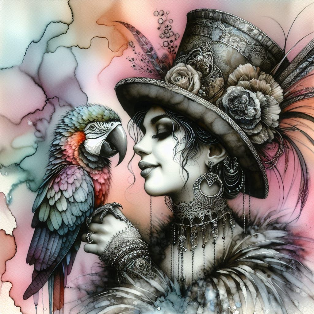 Bohemian Woman and Parrot in Orphism Style