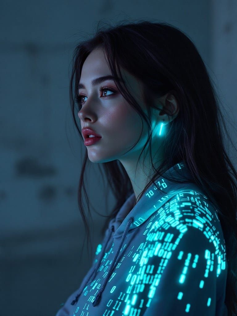 Glowing Binary Code Hoodie Illuminates Contemplative Young W...