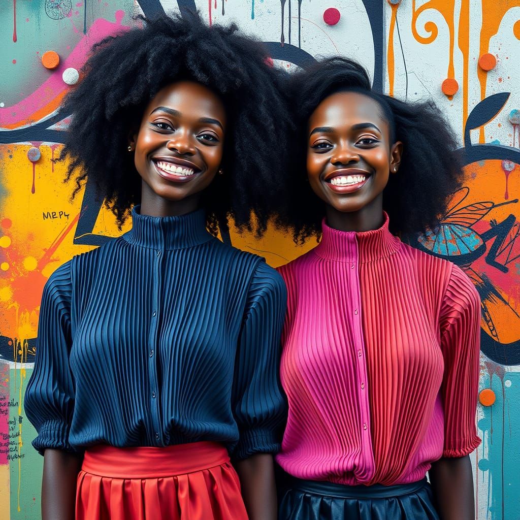 Smiling Women in Issey Miyake Style with Origami
