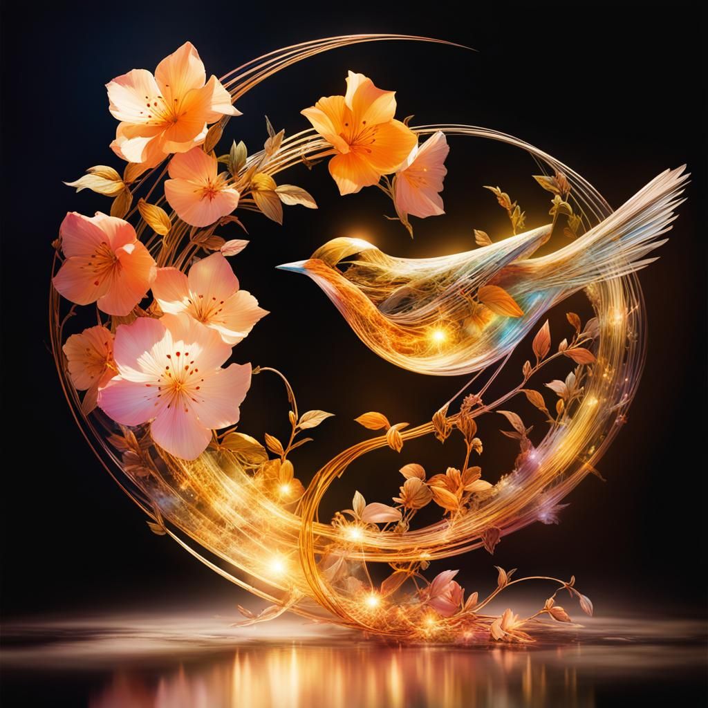 Double Exposure Blossom Bird Tree in Watercolor Style