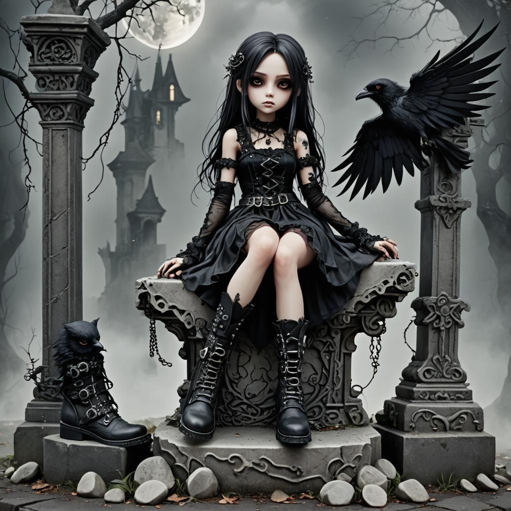 Chibi Emo-Goth Girl on Tombstone in Gothic Setting