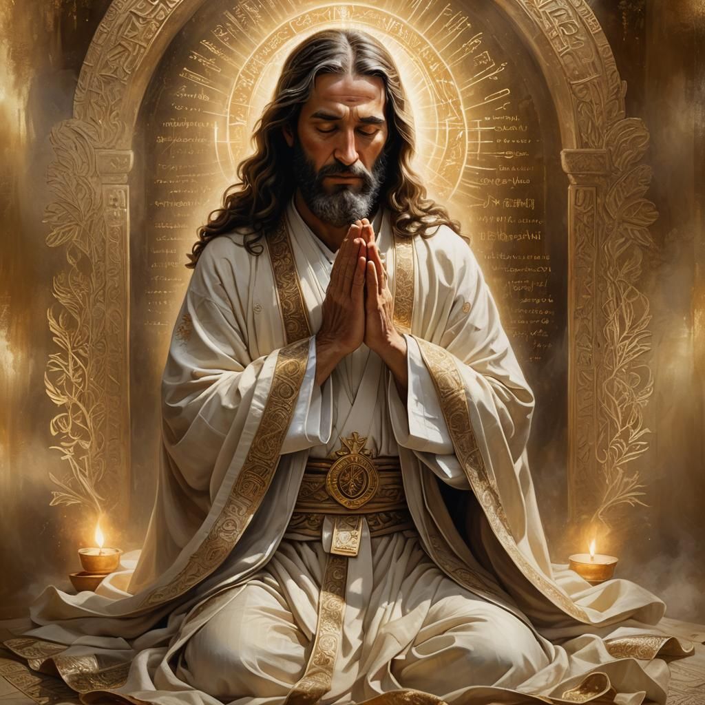 Regal Figure in Prayer Surrounded by Golden Light