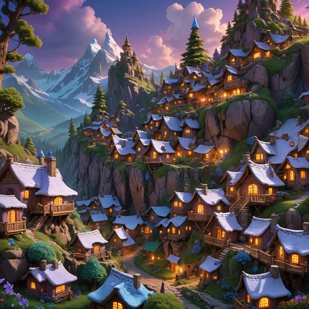 Smurf Village in Colorado Mountains: Fantasy Concept Art