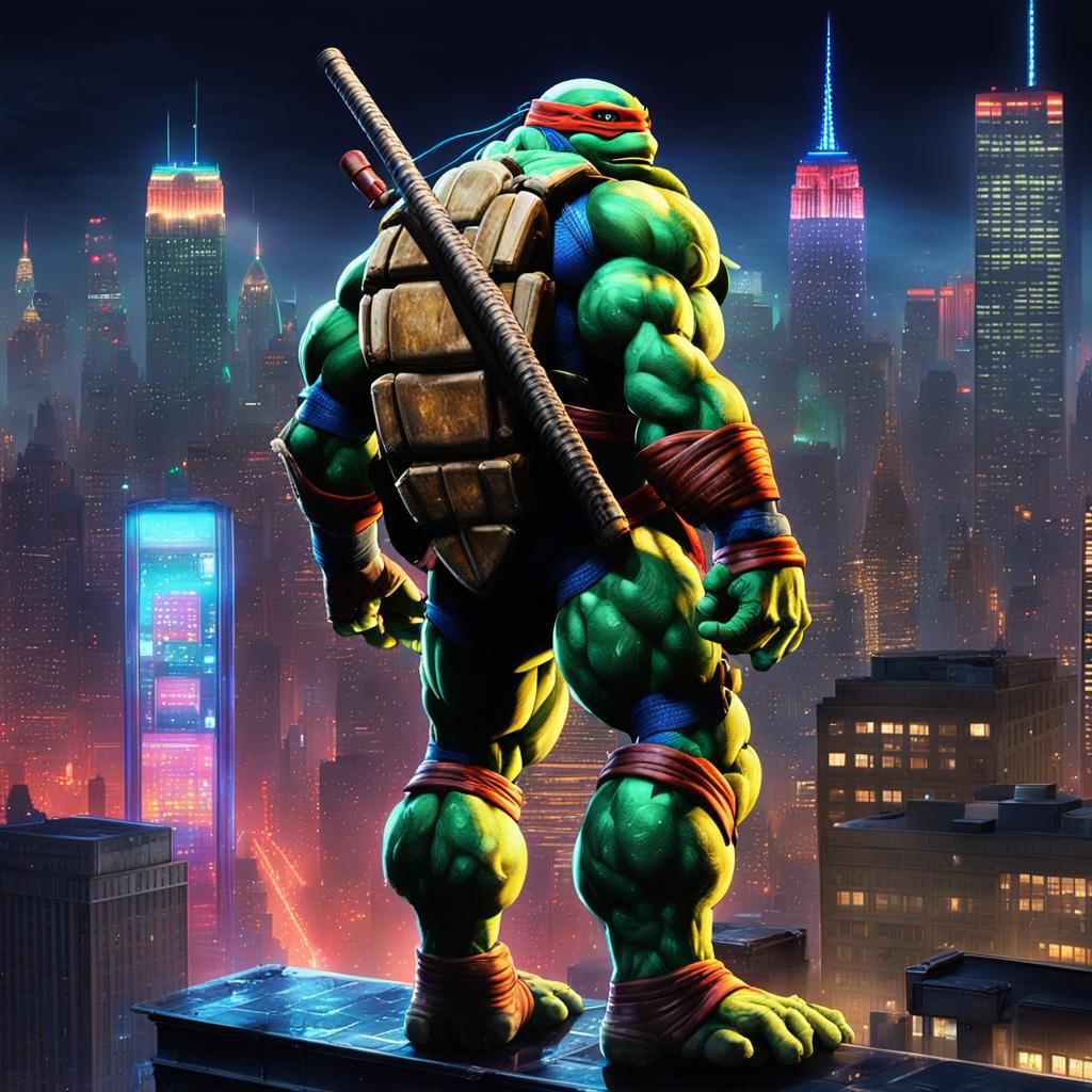 Teenage Mutant Ninja Turtle in Neon Cityscape