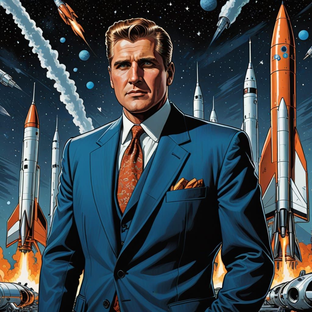 Werner von Braun in Futuristic Space Age Comic Art