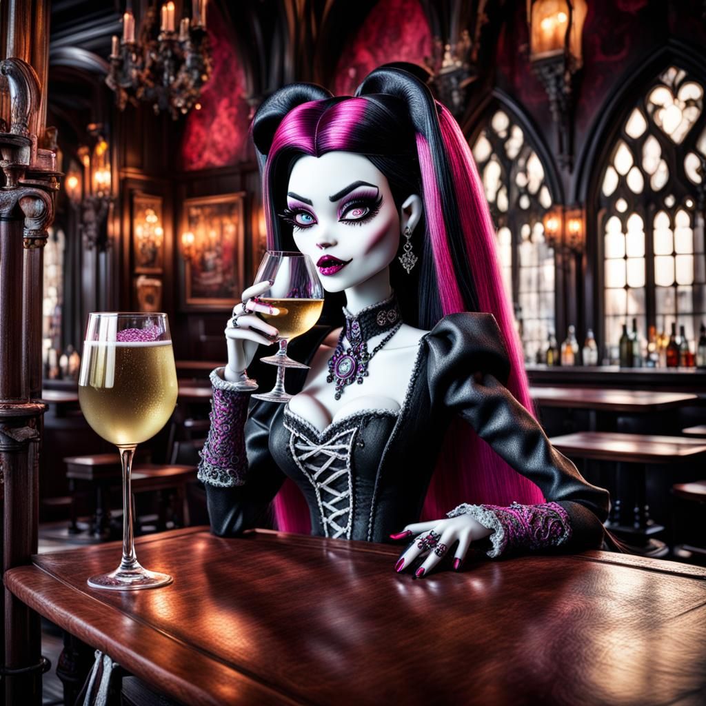 monster high draculaura drinking a glass of white wine in a gothic pub