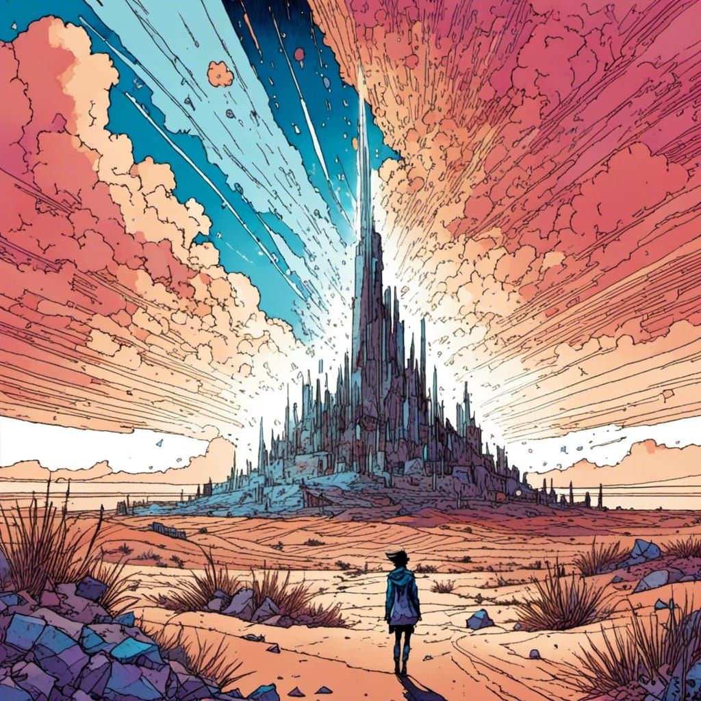 Thunderstorm City Over Desert Wasteland, Moebius Style