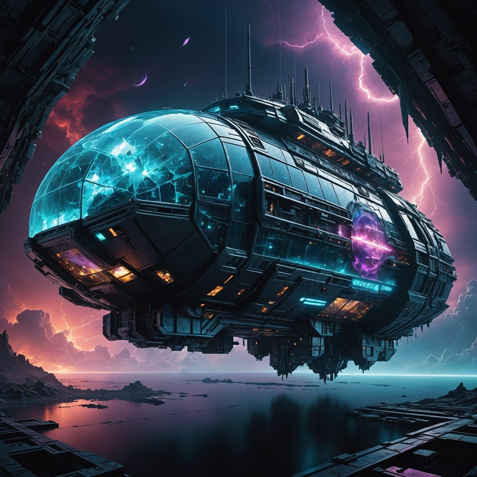 Futuristic Spaceship with Bioluminescent Interior in Fractal...