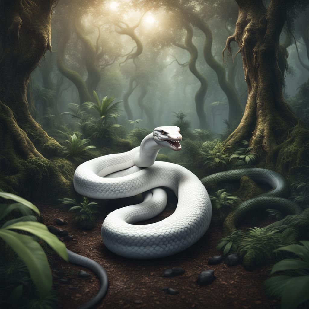 Friendly White Titanoboa in Forest: Fantasy Concept Art