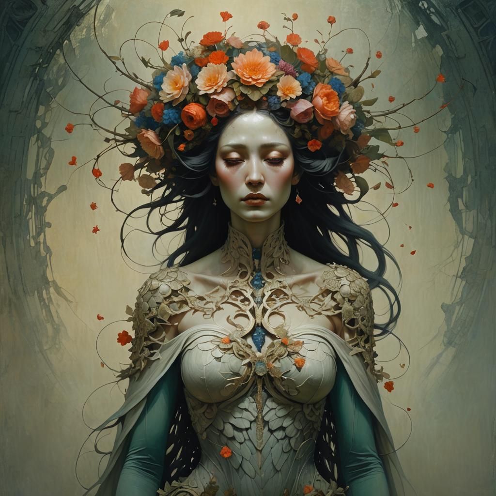 Woman with Flowers: Abstract Gothic Digital Art