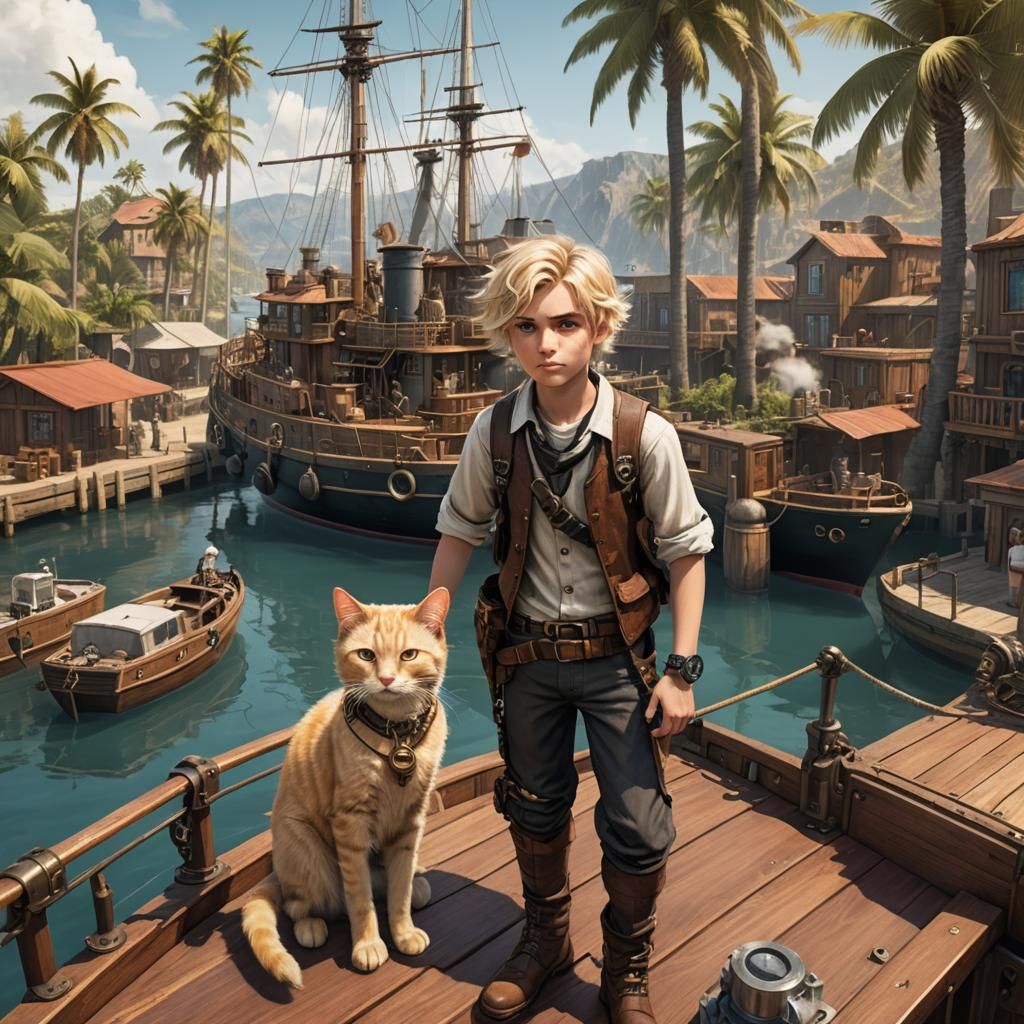 Steampunk Island Port with Cat Boy, Hyperrealistic Art